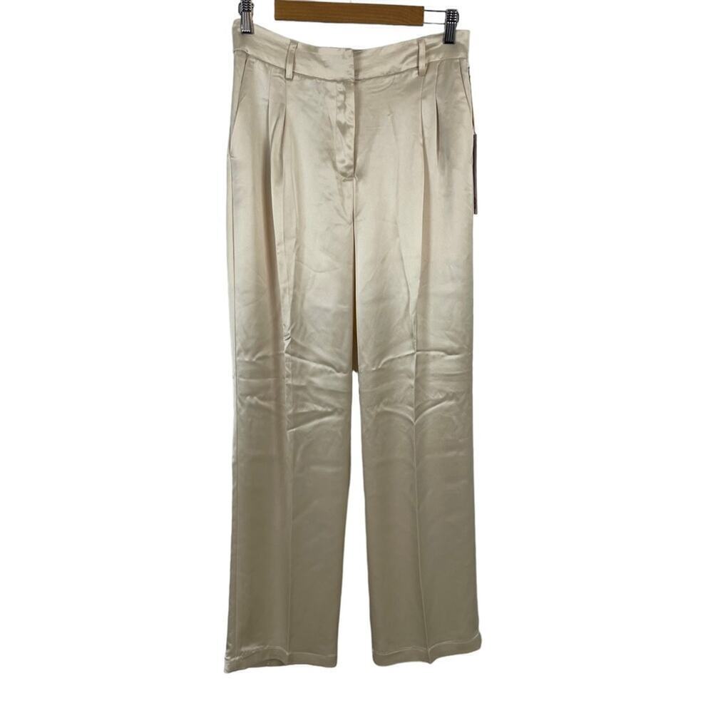 House of Harlow 1960 Pleated Champagne Satin Wide Leg High Waist Trousers Size 4